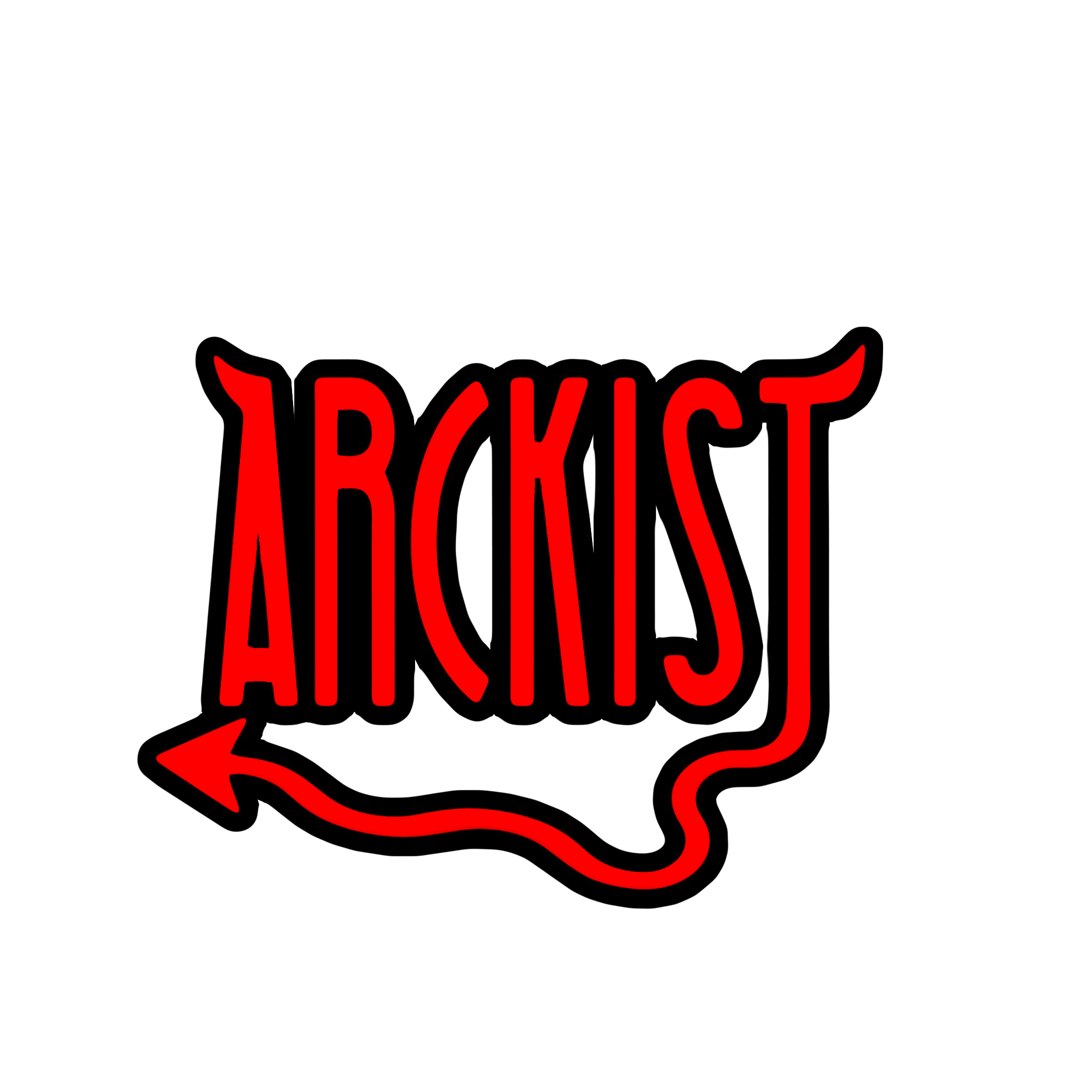 ARCKIST hand-lettered in red ink with a black keyline, the tail of the final letter curling back into a barbed, arrow-tipped devil's tail